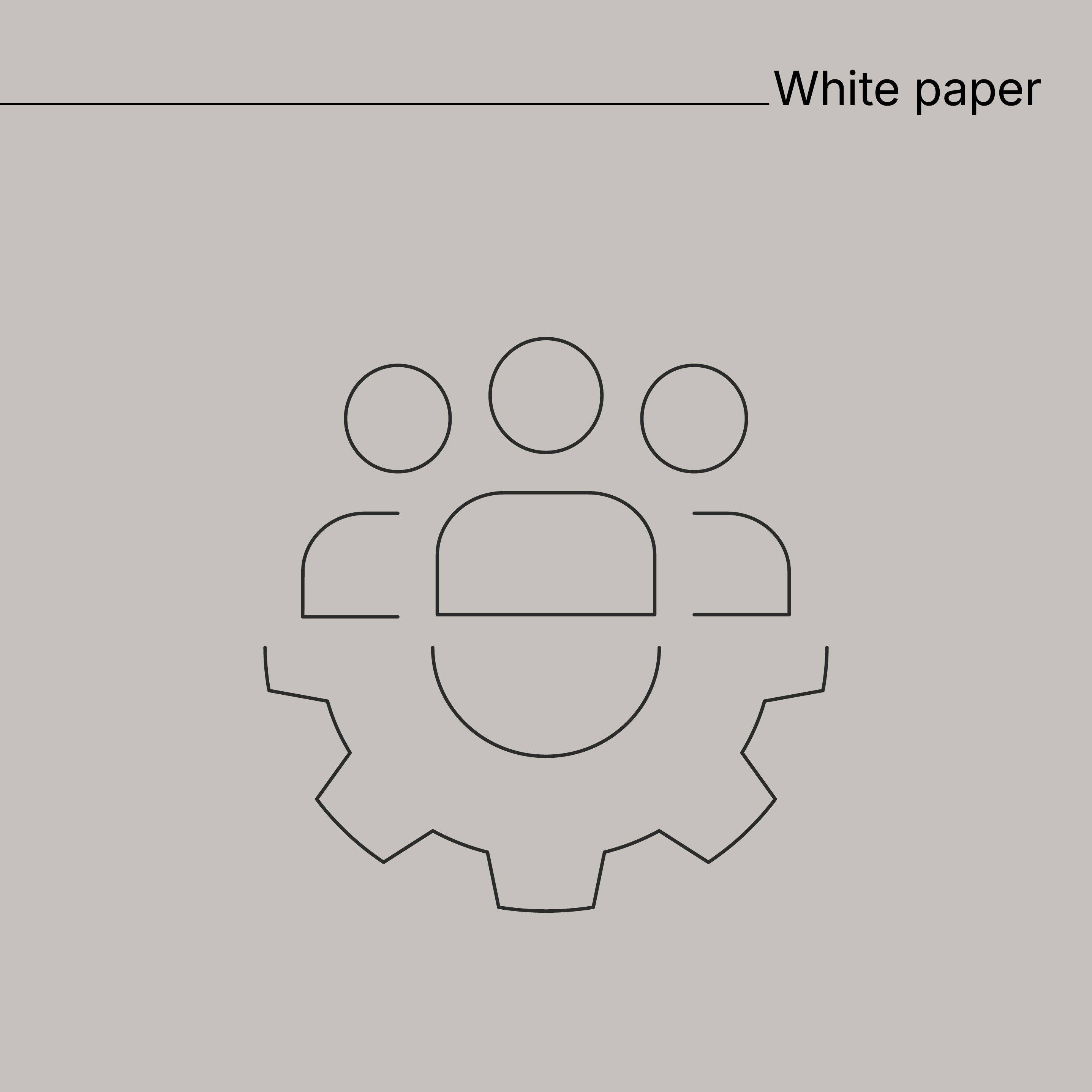 Beige background text with gear and people. For a white paper visual.